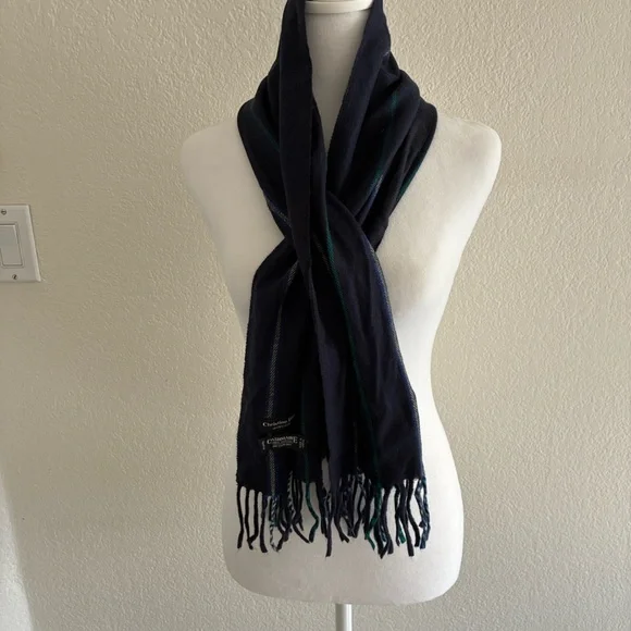 Christian Dior Vintage Dark Blue Plaid Scarf with Fringe - Picture 3 of 7
